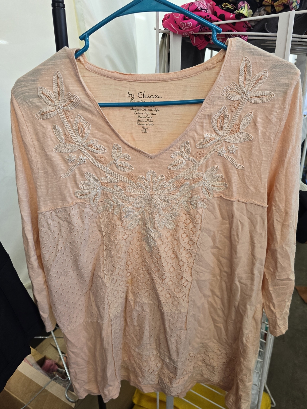 Chico's Peach Embroidered V-Neck Mix-Texture Tunic